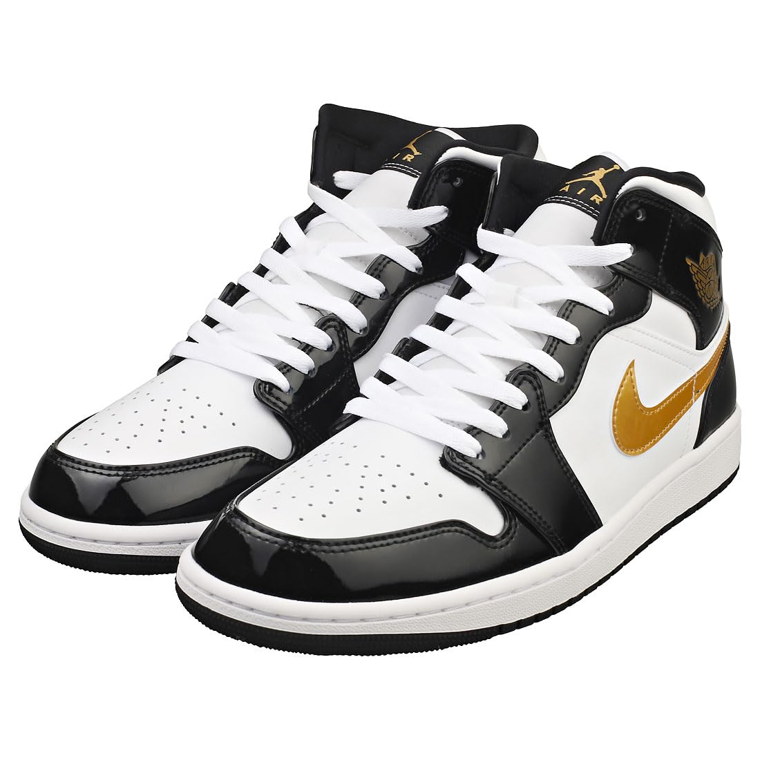 Nike Mens Jordan 1 Mid Black Gold Patent Leather