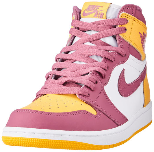 JORDAN Men's Air 1 Retro High Original Brotherhood Sneakers, University Gold Light Burgundy, 9.5