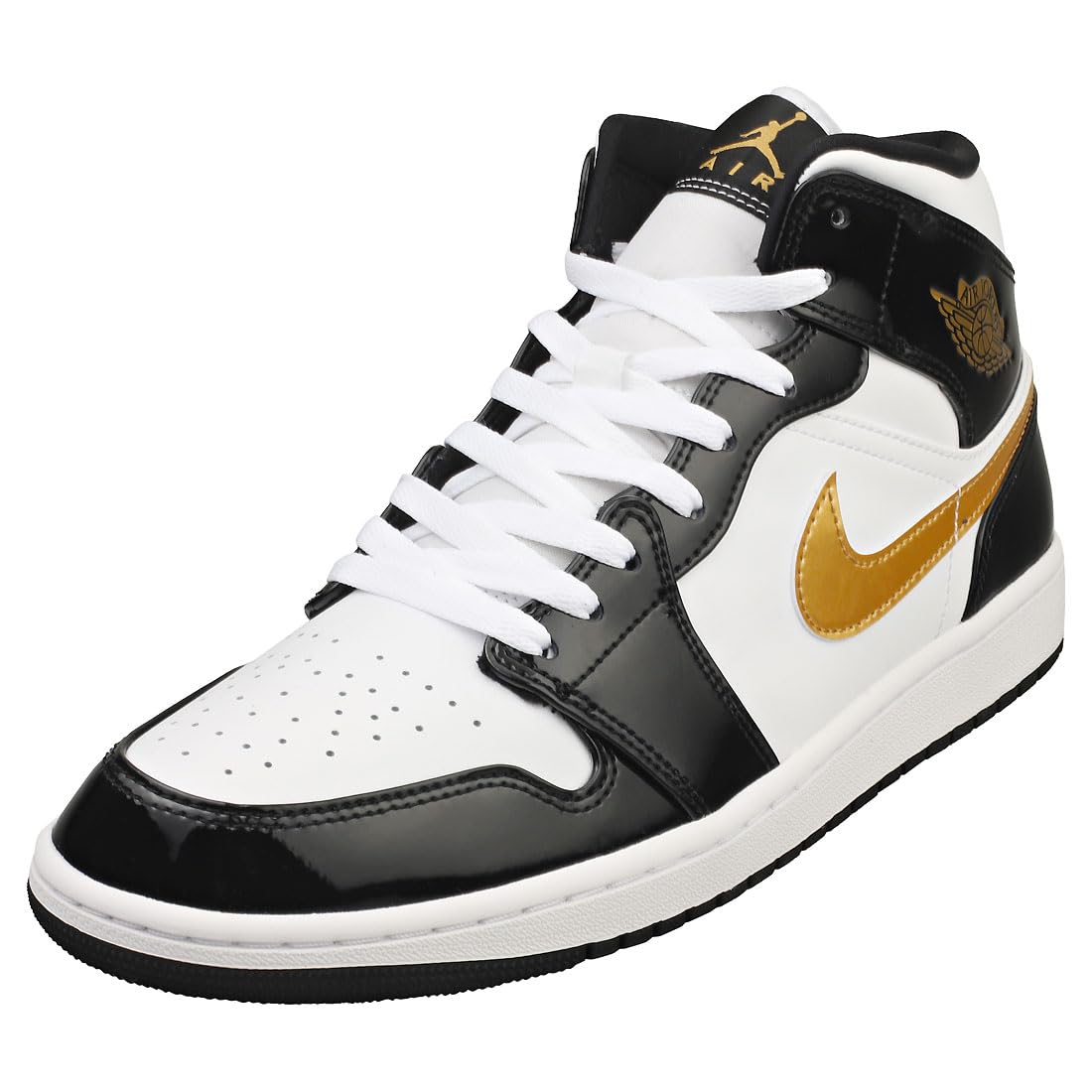 Nike Mens Jordan 1 Mid Black Gold Patent Leather