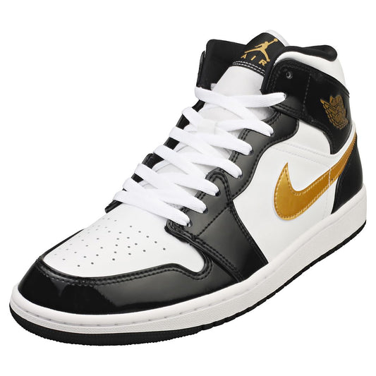 Nike Mens Jordan 1 Mid Black Gold Patent Leather